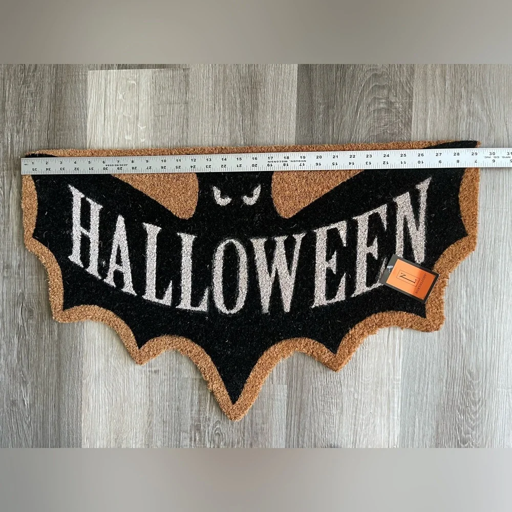 NWT Halloween Bat Shaped Doormat Natural Coir Mat Black Brown Goth Vampire Bat